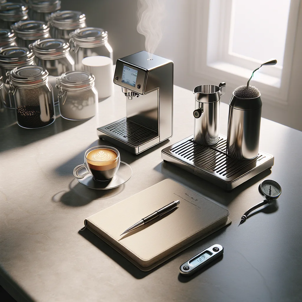 A kitchen countertop arranged with an espresso machine, a frothing pitcher, an instant-read thermometer, and a small not