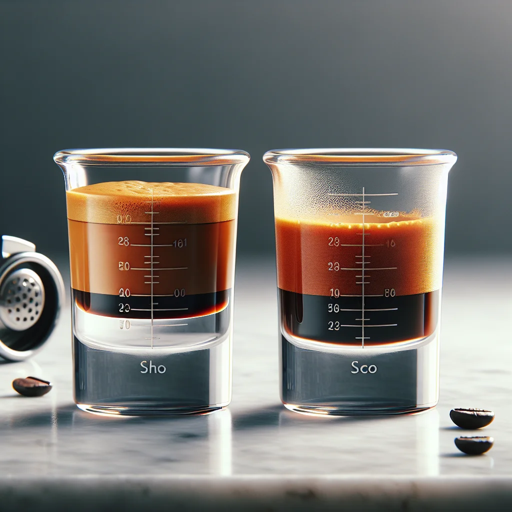 Side-by-side transparent glass shots showing crema depth markings for 18 g and 20 g doses, taken at 15 seconds post-extr