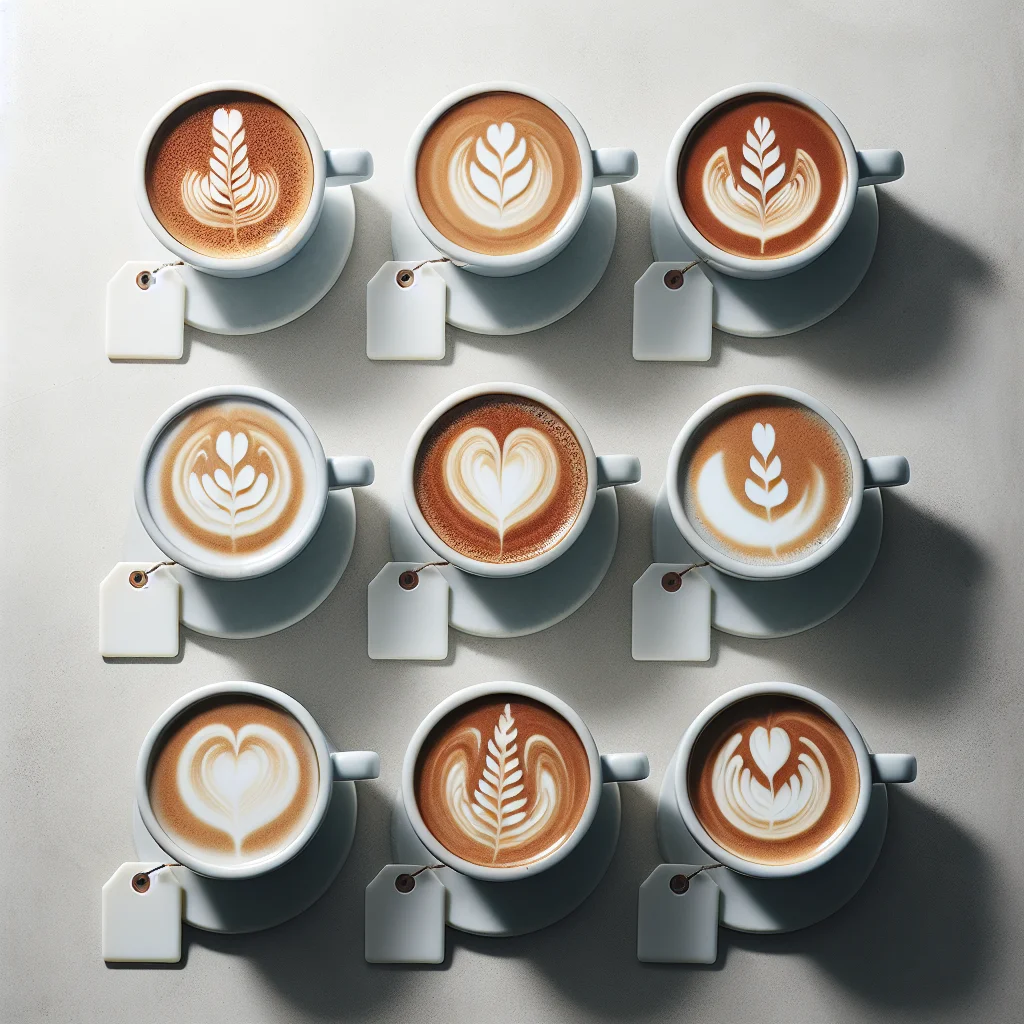 Overhead shot of five small latte cups in a row, each labelled with the milk type, showing the resulting latte art patte