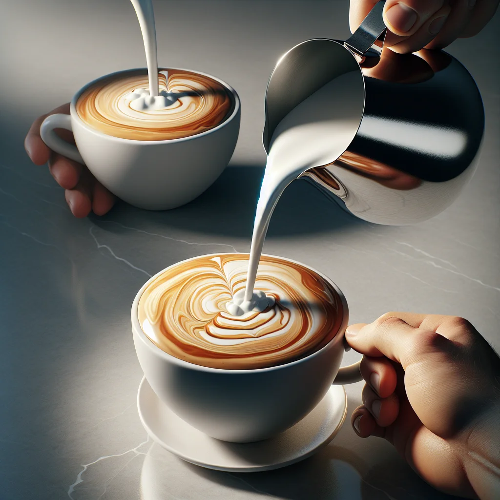 Side-by-side comparison of milk behaviour at high pour (15 cm) versus low pour (1–2 cm), showing subsurface mixing versu