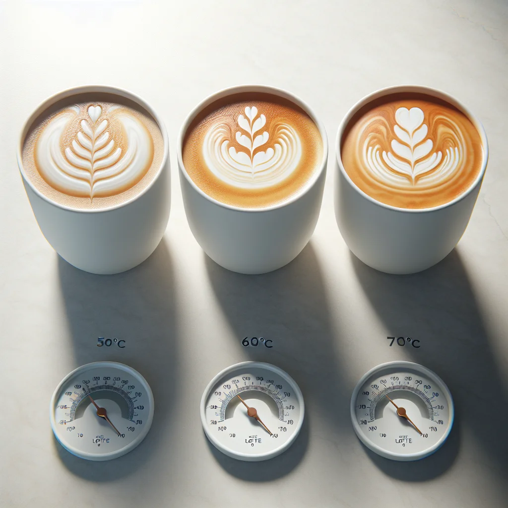 Side-by-side overhead photo of three latte pours at 50 °C, 60 °C, and 70 °C, showing differences in foam definition and