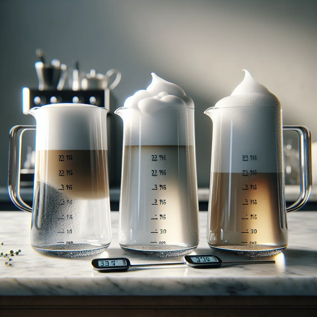 Side-by-side comparison of steamed milk at 55 °C, 62 °C, and 70 °C, showing differences in foam texture and gloss