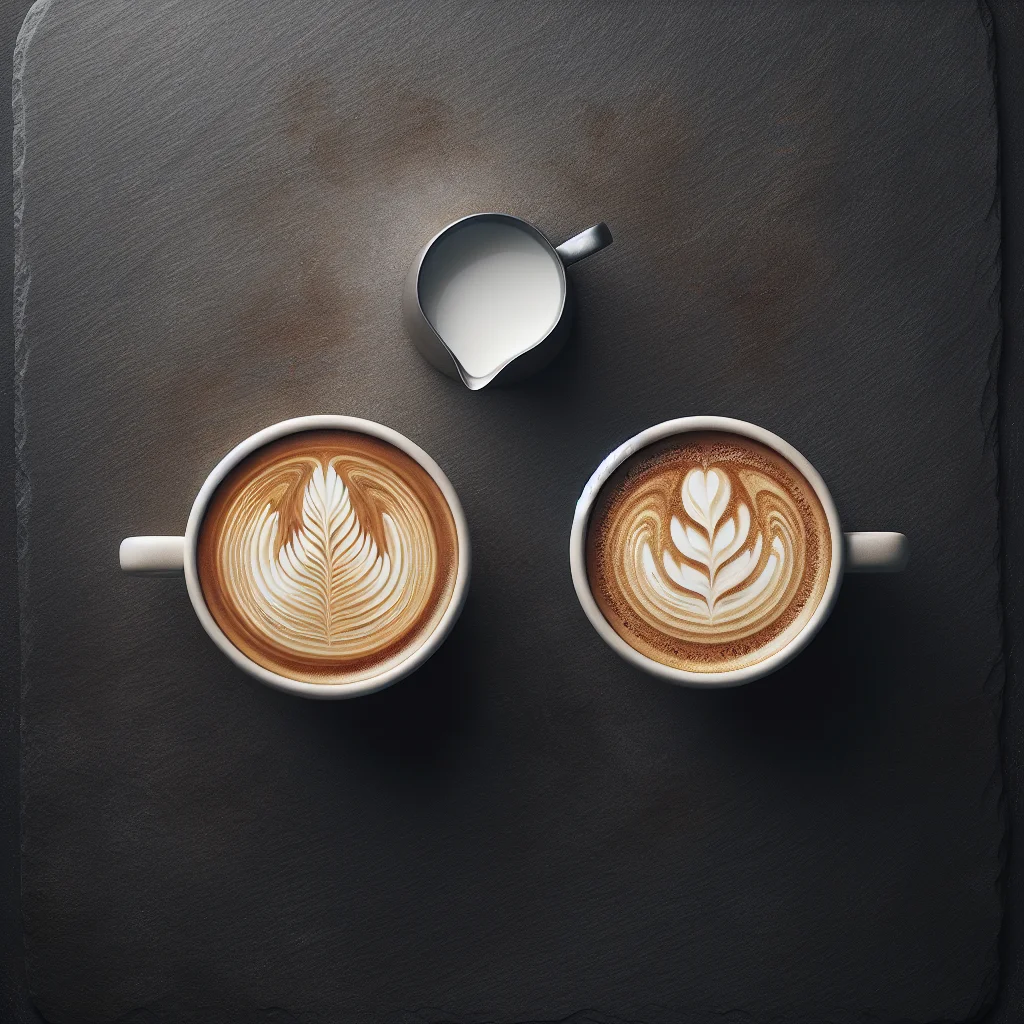 Overhead shot of two lattes side by side on a dark surface — one with well-defined latte art, the other with a washed-ou