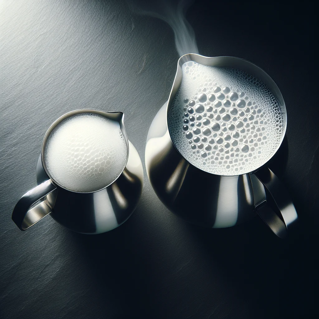 Close-up comparison of microfoam surface versus macrofoam surface in two steaming pitchers, shot from above